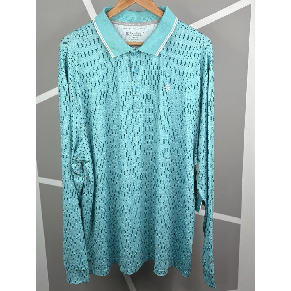 NWT Coolibar Erodym LS Golf Polo Shirt Mens 2XL Teal Graphic AOP Stretch UPF 50+